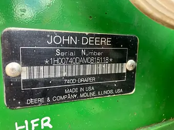 John Deere 740D 40ft flex draper front — drive end and adapter detail